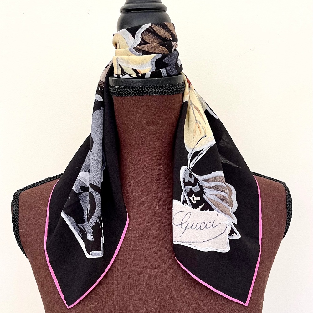 Gucci Unisex Scarf Kris Knight Butterfly Flora Black Silk Wrap - Picture 8 of 14